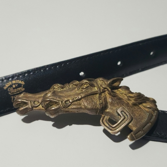 Rare Vintage x 70s Gucci Double Horse Head Bronze Buckle Leather Belt - Picture 10 of 10